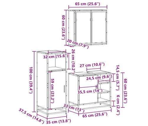 Set de muebles de baño 3 pzas madera contrachapada roble Sonoma