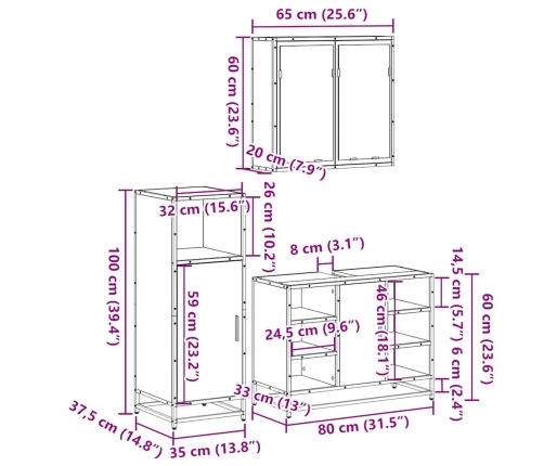 Set de muebles baño 3 pzas madera contrachapada roble ahumado