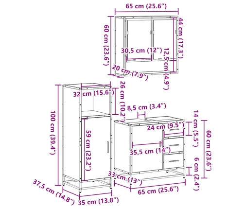 Set de muebles de baño 3 pzas madera contrachapada roble Sonoma