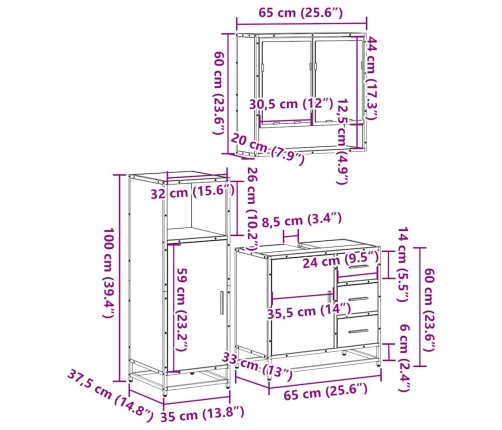 Set de muebles baño 3 pzas madera contrachapada roble ahumado