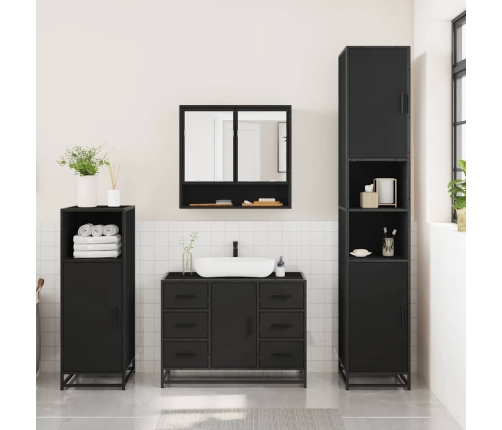 Juego de muebles de baño 3 pzas madera contrachapada negro