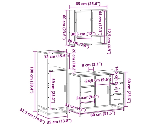 Juego de muebles de baño 3 pzas madera contrachapada negro