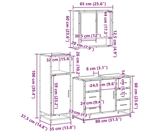 Set de muebles de baño 3 pzas madera contrachapada roble Sonoma