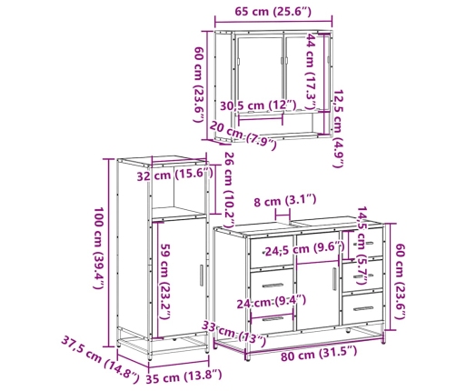 Set de muebles baño 3 pzas madera contrachapada roble marrón