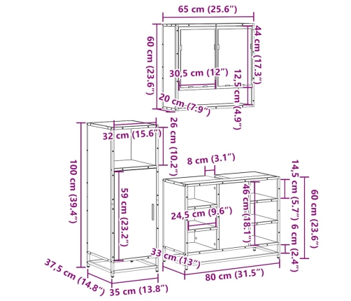 Set de muebles de baño 3 pzas madera contrachapada roble Sonoma