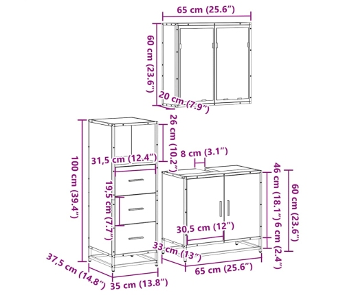 Set de muebles de baño 3 pzas madera contrachapada roble Sonoma