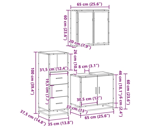 Set de muebles baño 3 pzas madera contrachapada roble ahumado