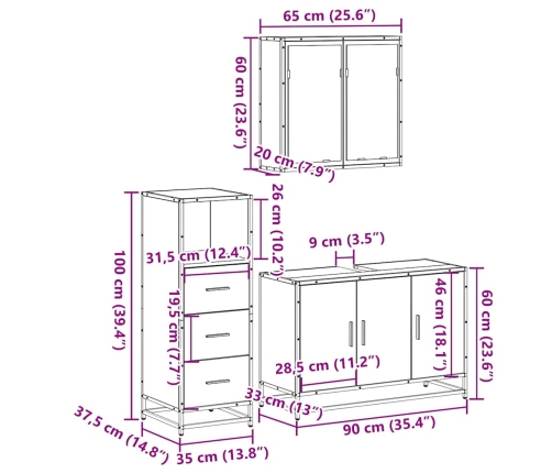 Juego de muebles de baño 3 pzas madera contrachapada negro