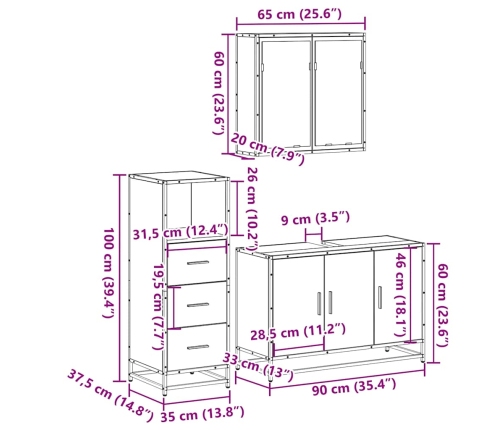 Set de muebles de baño 3 pzas madera contrachapada roble Sonoma