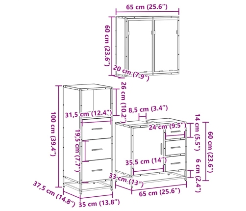 Juego de muebles de baño 3 pzas madera contrachapada negro