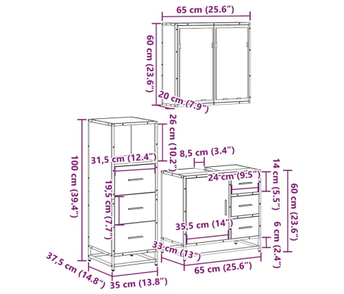 Set de muebles de baño 3 pzas madera contrachapada roble Sonoma