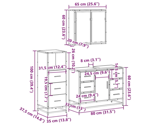 Set de muebles de baño 3 pzas madera contrachapada gris sonoma