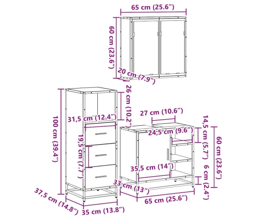 Juego de muebles de baño 3 pzas madera contrachapada negro