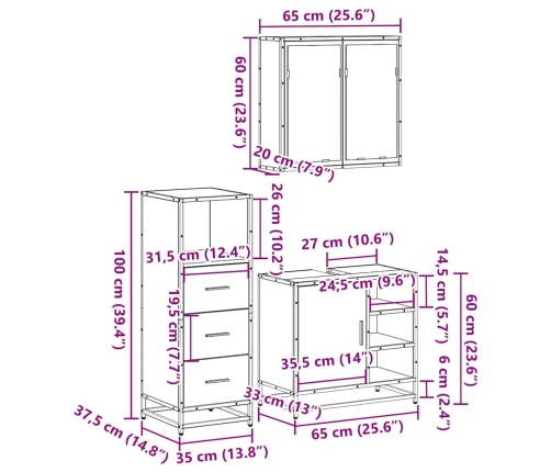 Set de muebles de baño 3 pzas madera contrachapada roble Sonoma