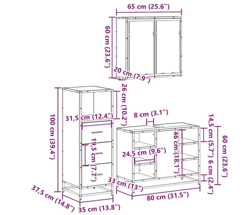 Juego de muebles de baño 3 pzas madera contrachapada negro