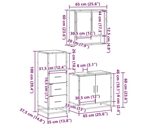 Juego de muebles de baño 3 pzas madera contrachapada negro