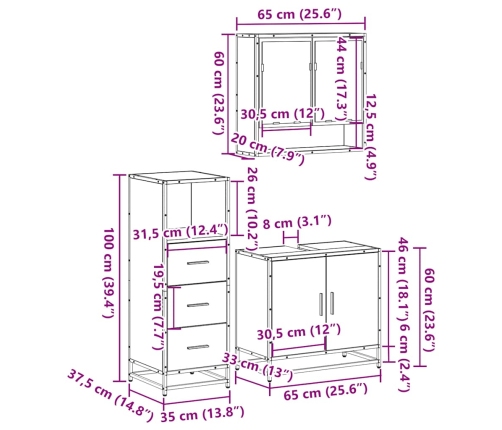 Set de muebles baño 3 pzas madera contrachapada roble ahumado