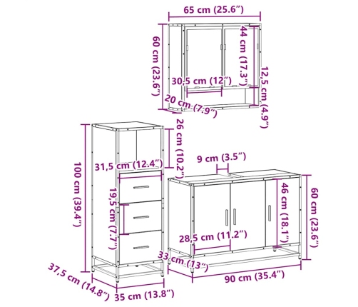 Set de muebles de baño 3 pzas madera contrachapada roble Sonoma