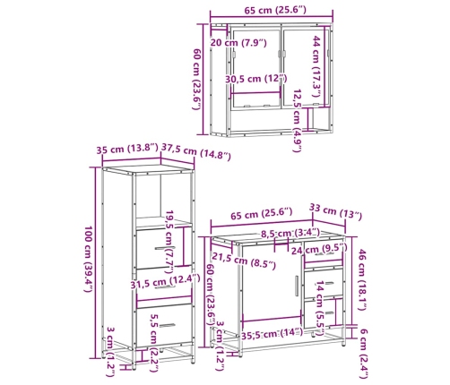 Juego de muebles de baño 3 pzas madera contrachapada negro