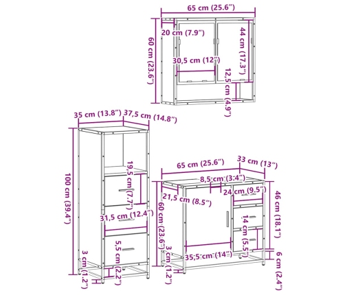 Set de muebles de baño 3 pzas madera contrachapada gris sonoma