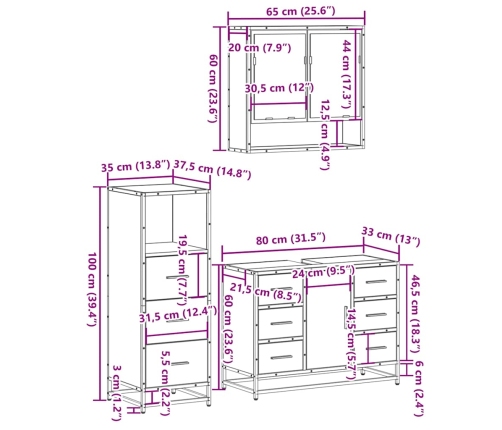 Set de muebles de baño 3 pzas madera contrachapada roble Sonoma