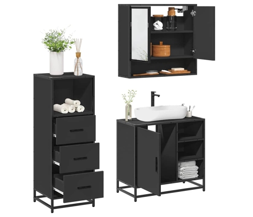 Juego de muebles de baño 3 pzas madera contrachapada negro