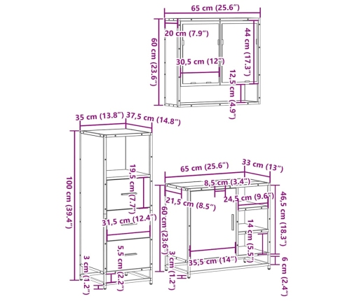 Set de muebles baño 3 pzas madera contrachapada roble marrón