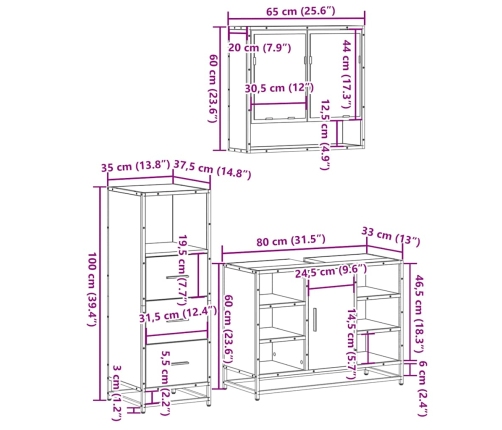 Juego de muebles de baño 3 pzas madera contrachapada negro