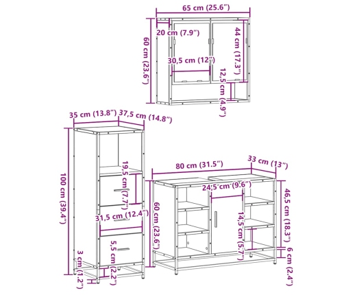 Set de muebles baño 3 pzas madera contrachapada roble marrón