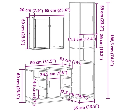 Set de muebles de baño 3 pzas madera contrachapada gris sonoma