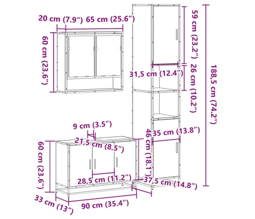 Set de muebles de baño 3 pzas madera contrachapada roble Sonoma