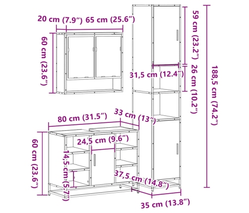 Set de muebles baño 3 pzas madera contrachapada roble marrón