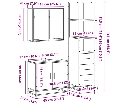 Juego de muebles de baño 3 pzas madera contrachapada negro