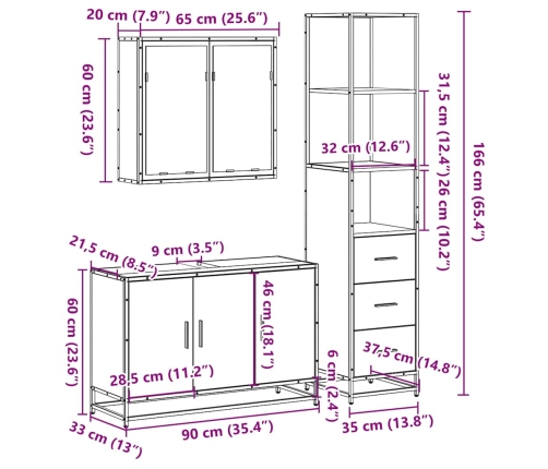 Set de muebles de baño 3 pzas madera contrachapada roble Sonoma