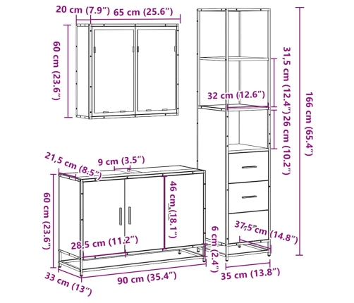 Set de muebles baño 3 pzas madera contrachapada roble ahumado