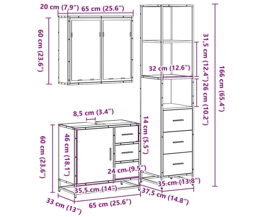 Set de muebles de baño 3 pzas madera contrachapada gris sonoma