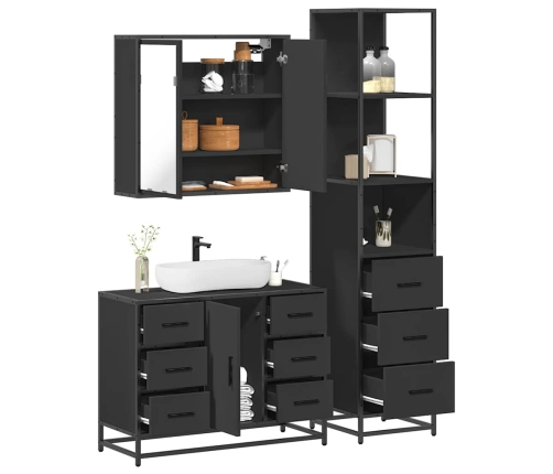 Juego de muebles de baño 3 pzas madera contrachapada negro