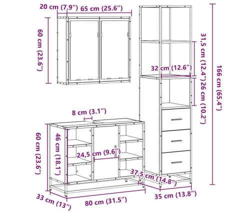 Set de muebles de baño 3 pzas madera contrachapada roble Sonoma