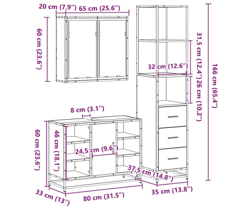 Set de muebles de baño 3 pzas madera contrachapada gris sonoma