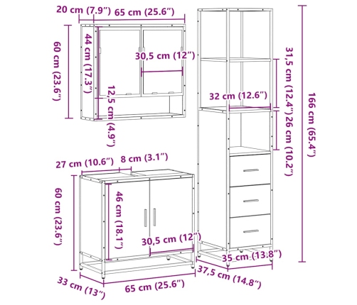 Set de muebles de baño 3 pzas madera contrachapada roble Sonoma