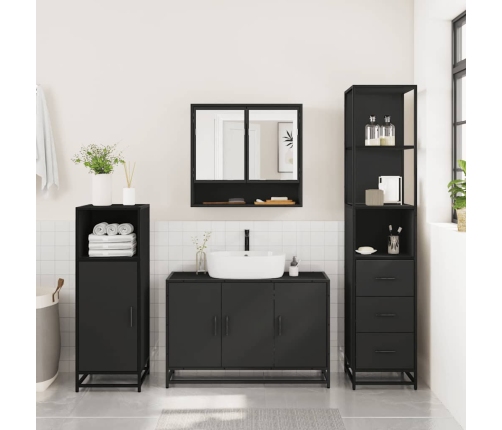 Juego de muebles de baño 3 pzas madera contrachapada negro