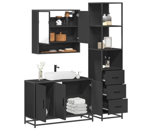 Juego de muebles de baño 3 pzas madera contrachapada negro