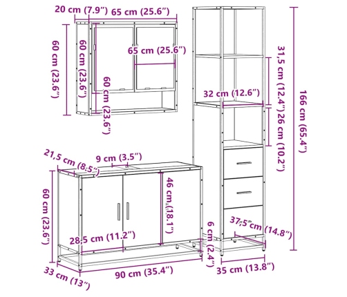 Set de muebles de baño 3 pzas madera contrachapada roble Sonoma