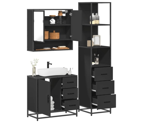 Juego de muebles de baño 3 pzas madera contrachapada negro