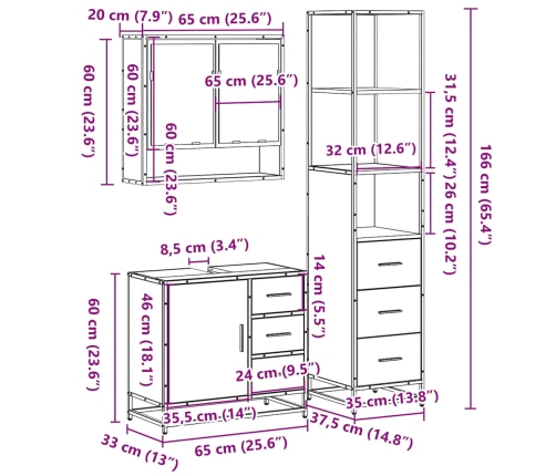 Set de muebles de baño 3 pzas madera contrachapada roble Sonoma