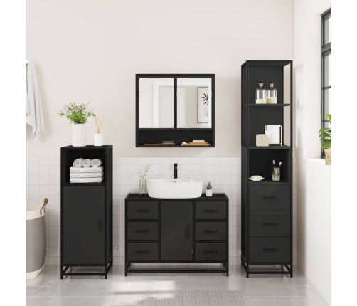 Juego de muebles de baño 3 pzas madera contrachapada negro