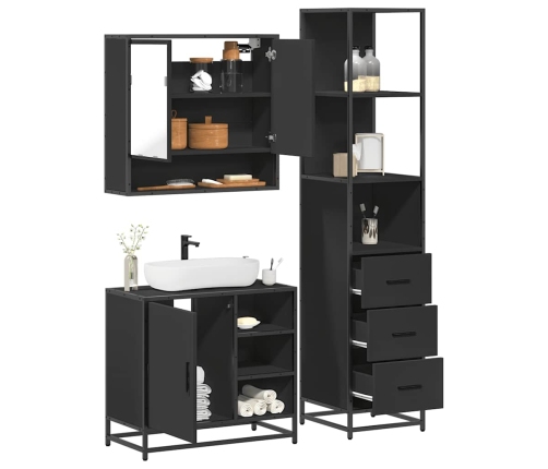 Juego de muebles de baño 3 pzas madera contrachapada negro