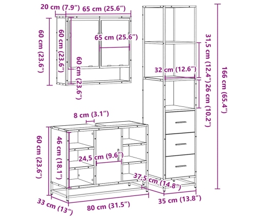 Set de muebles de baño 3 pzas madera contrachapada roble sonoma