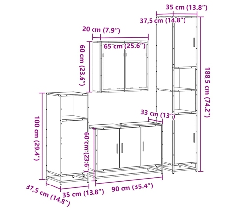 Set de muebles baño 4 pzas madera contrachapada roble ahumado