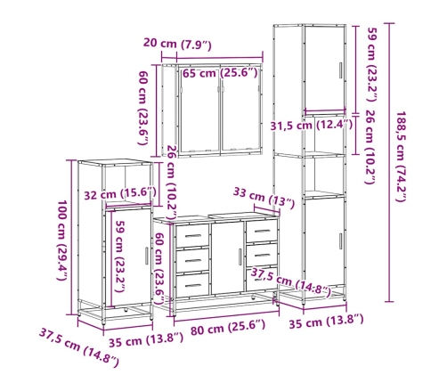 Set de muebles de baño 4 pzas madera contrachapada gris sonoma